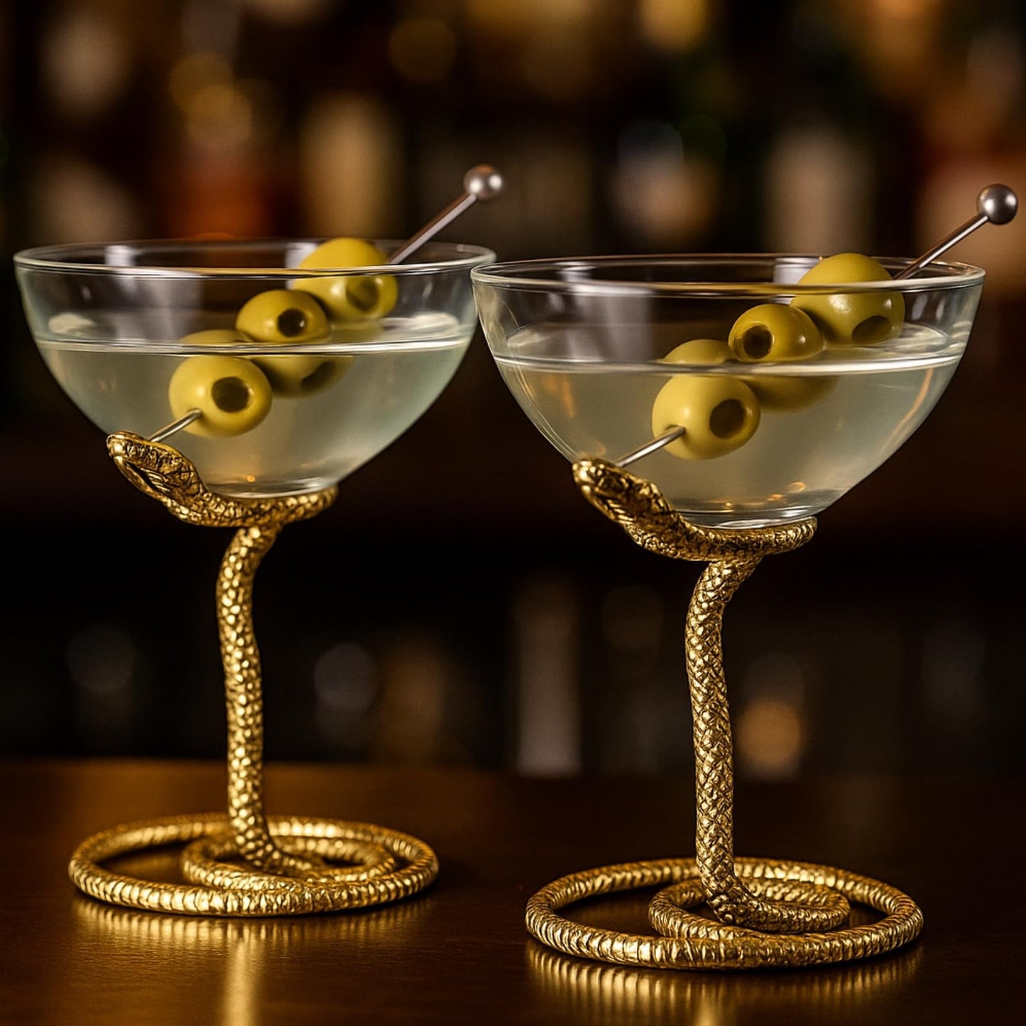 Snake Serpent Cocktail Glasses - 2 Set Gold Design Unique Reptile Inspired Barware
