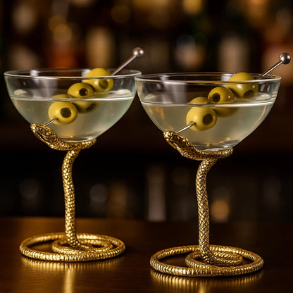 Snake Serpent Cocktail Glasses - 2 Set Gold Design Unique Reptile Inspired Barware