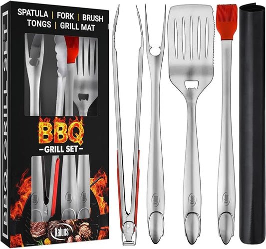 Stainless steel BBQ tool set with red silicone: spatula, fork, tongs, brush, grill mat
