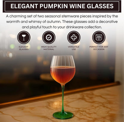 Khen Pumpkin Wine Glasses Fall Inspired Lightweight - Set of 2 Orange & Green