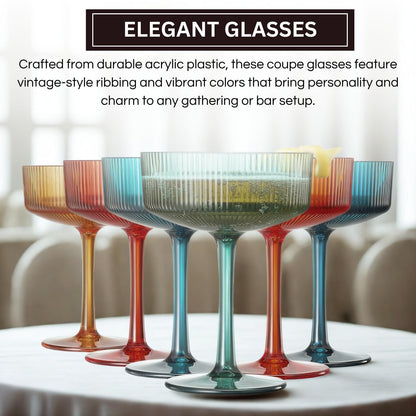 Shatterproof Acrylic Ribbed Vintage Art Deco Martini Set of 6