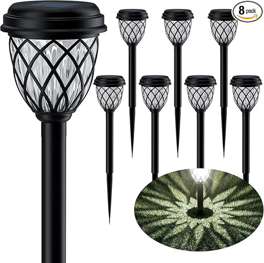Black lantern-style solar garden lights with diamond-pattern globe and ground spikes, 10-pack