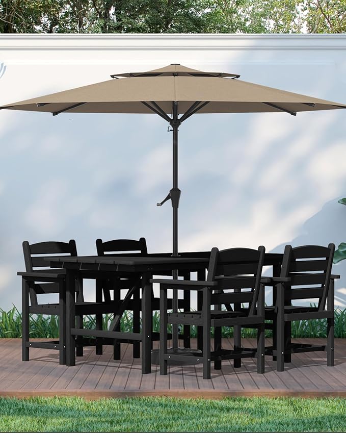 PLUUV 5-Piece Outdoor Dining Set with Umbrella Hole – HDPE Patio Table & 4 Chairs, Black