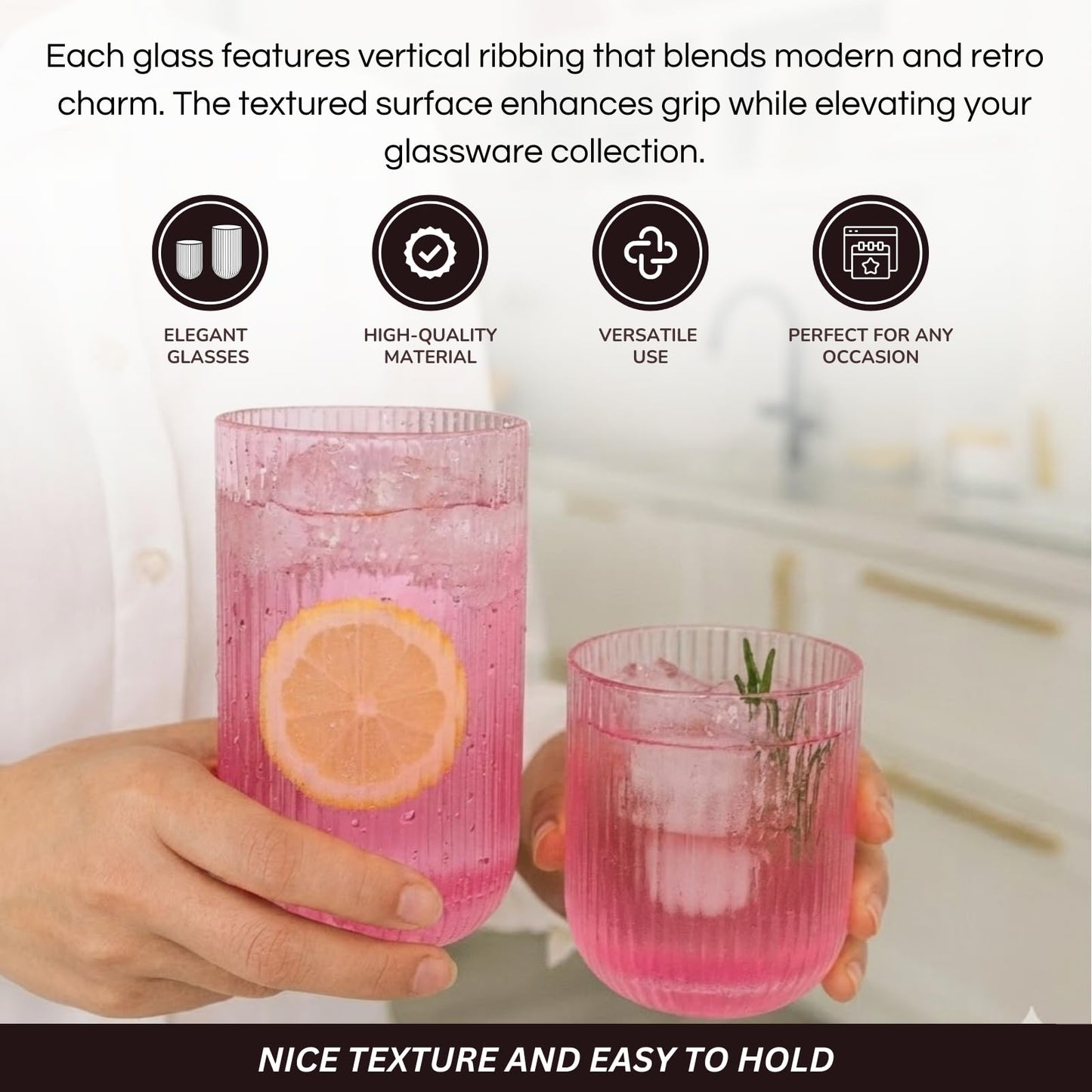 Two ribbed pink drinking glasses with vertical ridges and hand holding