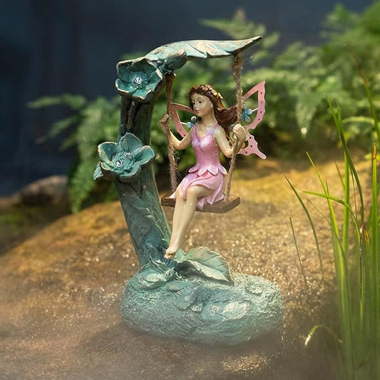 Garden flower fairy solar outdoor statue with pink dress and green lantern swing detail