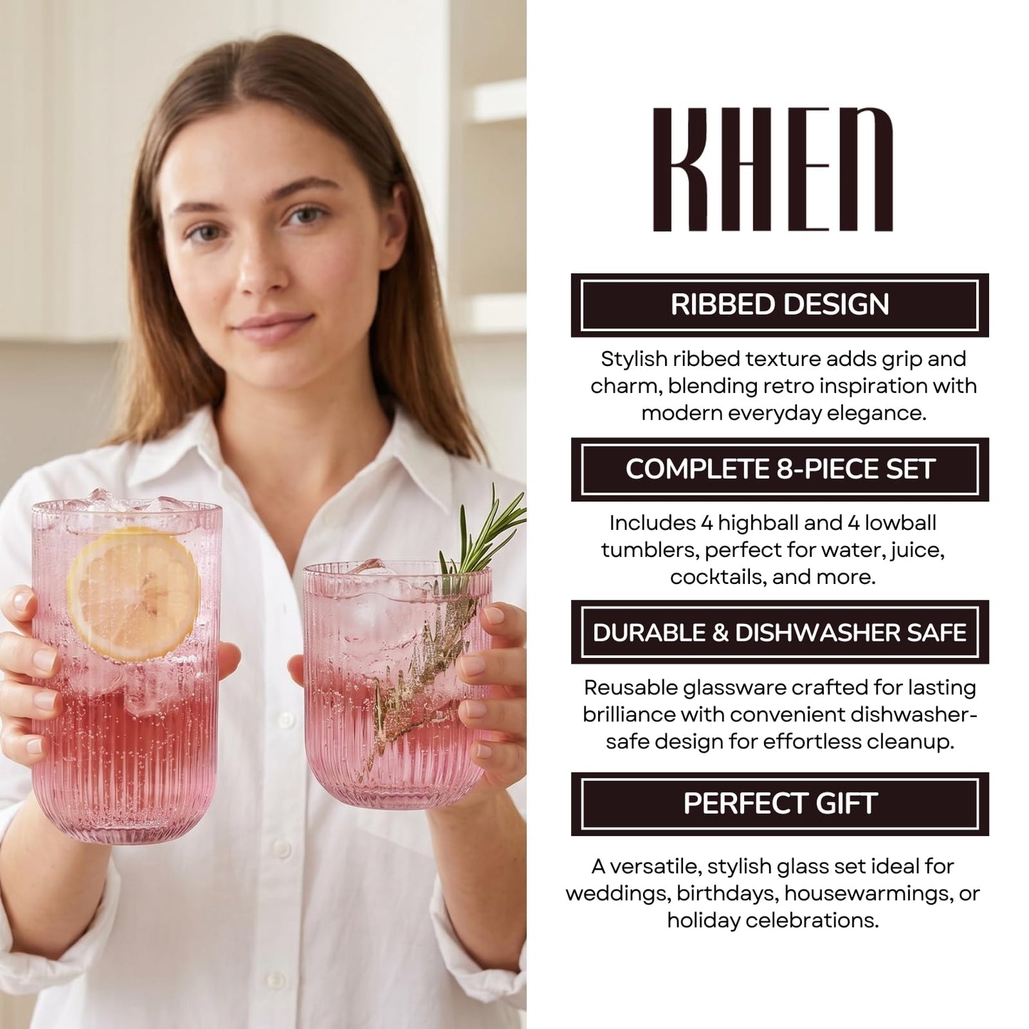 Ribbed glass cups set held by woman, featuring pink glass and matching colorful tumblers