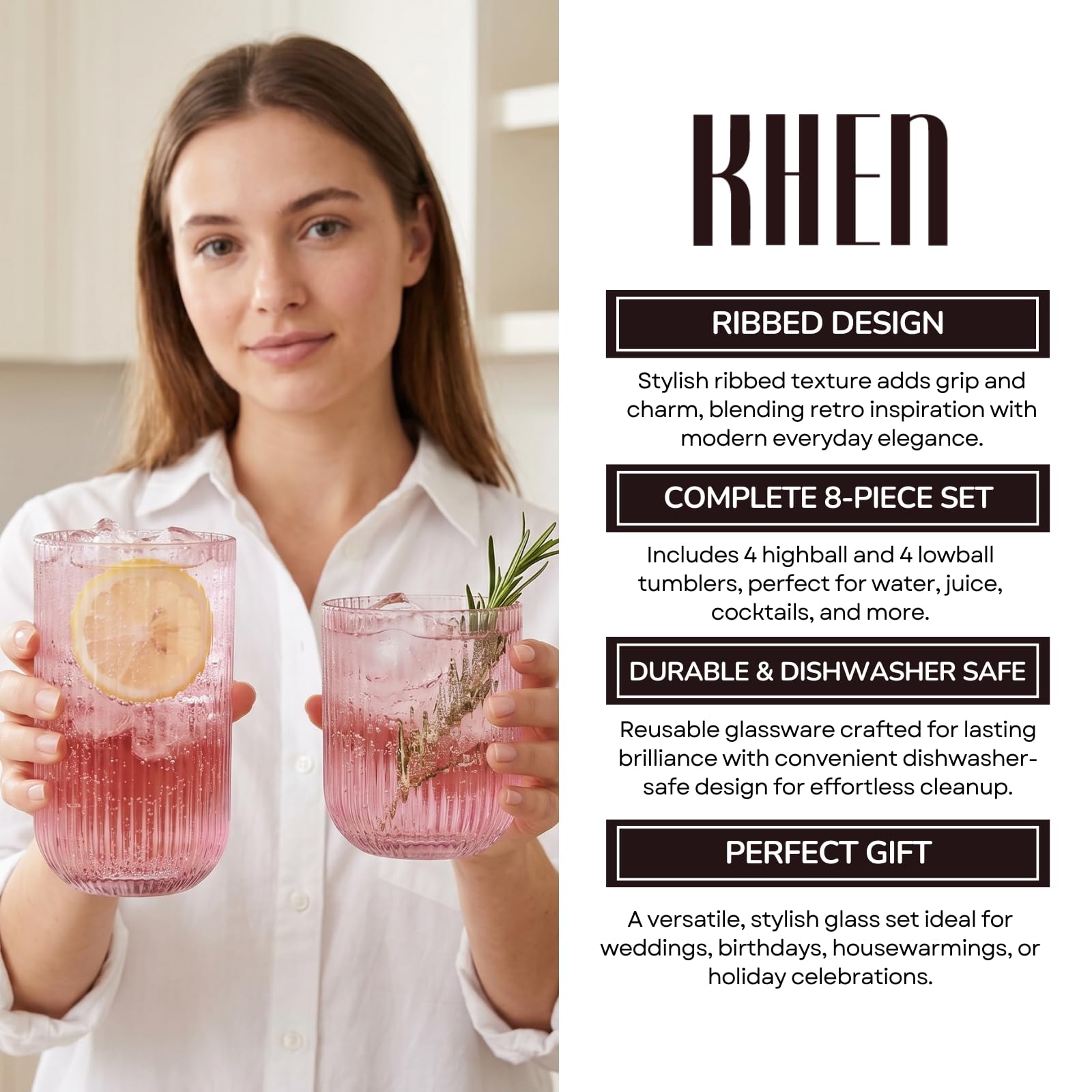 Ribbed glass cups set held by woman, featuring pink glass and matching colorful tumblers