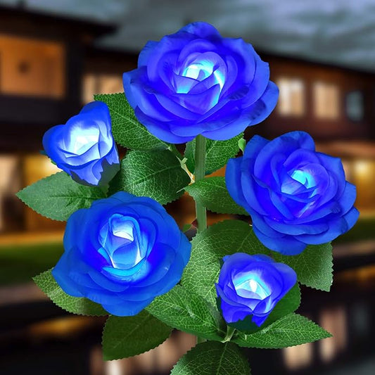Blue LED rose garden stake lights, five blue flower heads with glowing light