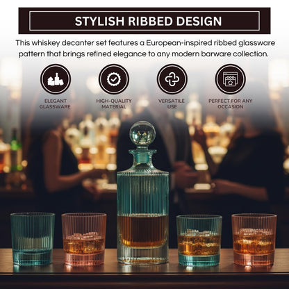 Khen Ribbed Decanter Set with 4 Glasses – Whiskey Bourbon Scotch