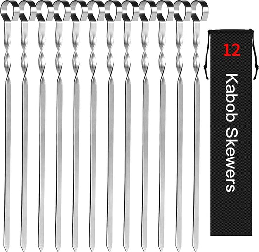 14-inch flat stainless steel kabob skewers, 12-pack with storage bag