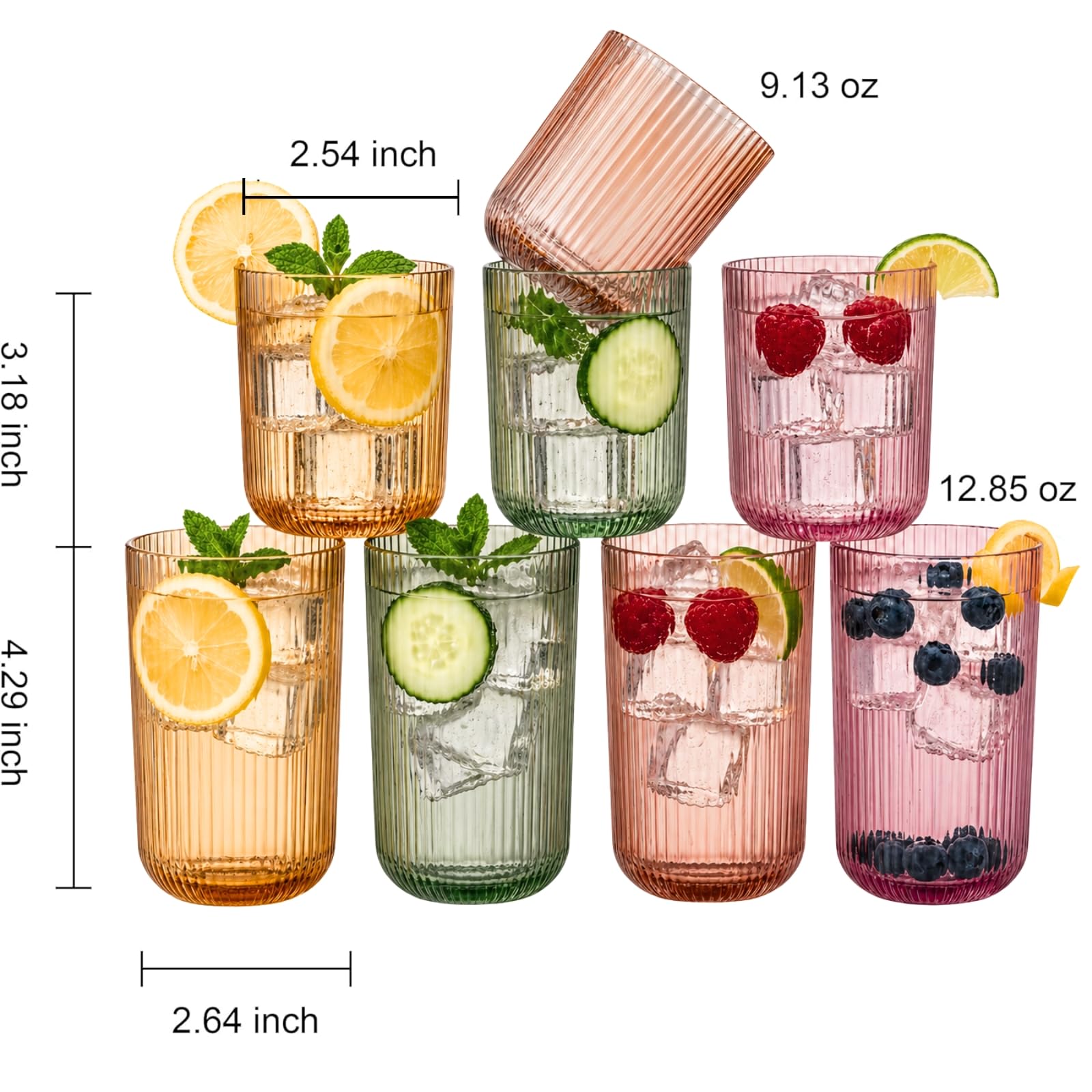 Four highball and four lowball ribbed glasses in amber, green, and pink colors