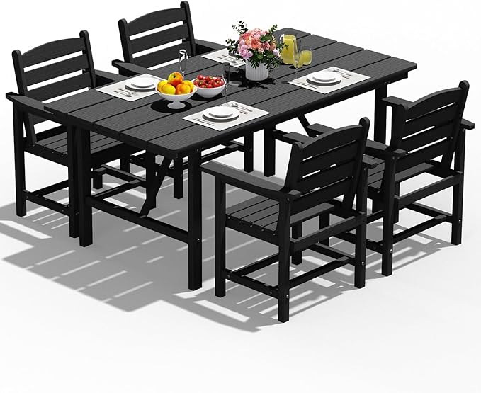 PLUUV 5-Piece Outdoor Dining Set with Umbrella Hole – HDPE Patio Table & 4 Chairs, Black