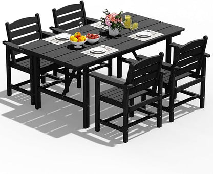 PLUUV 5-Piece Outdoor Dining Set with Umbrella Hole – HDPE Patio Table & 4 Chairs, Black