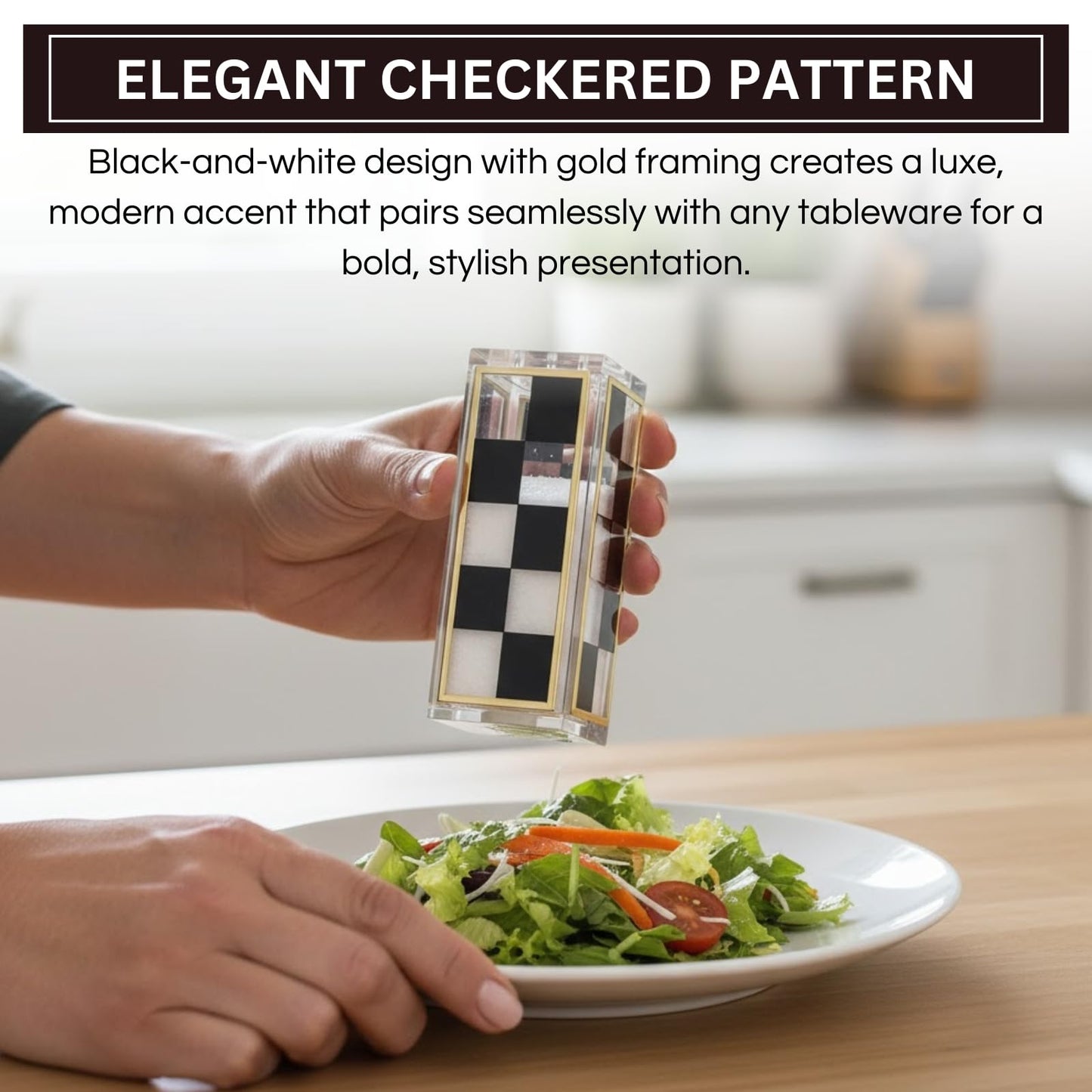 Checkered Salt and Pepper Shakers Set, Black White Square Design with 3 & 5 Holes