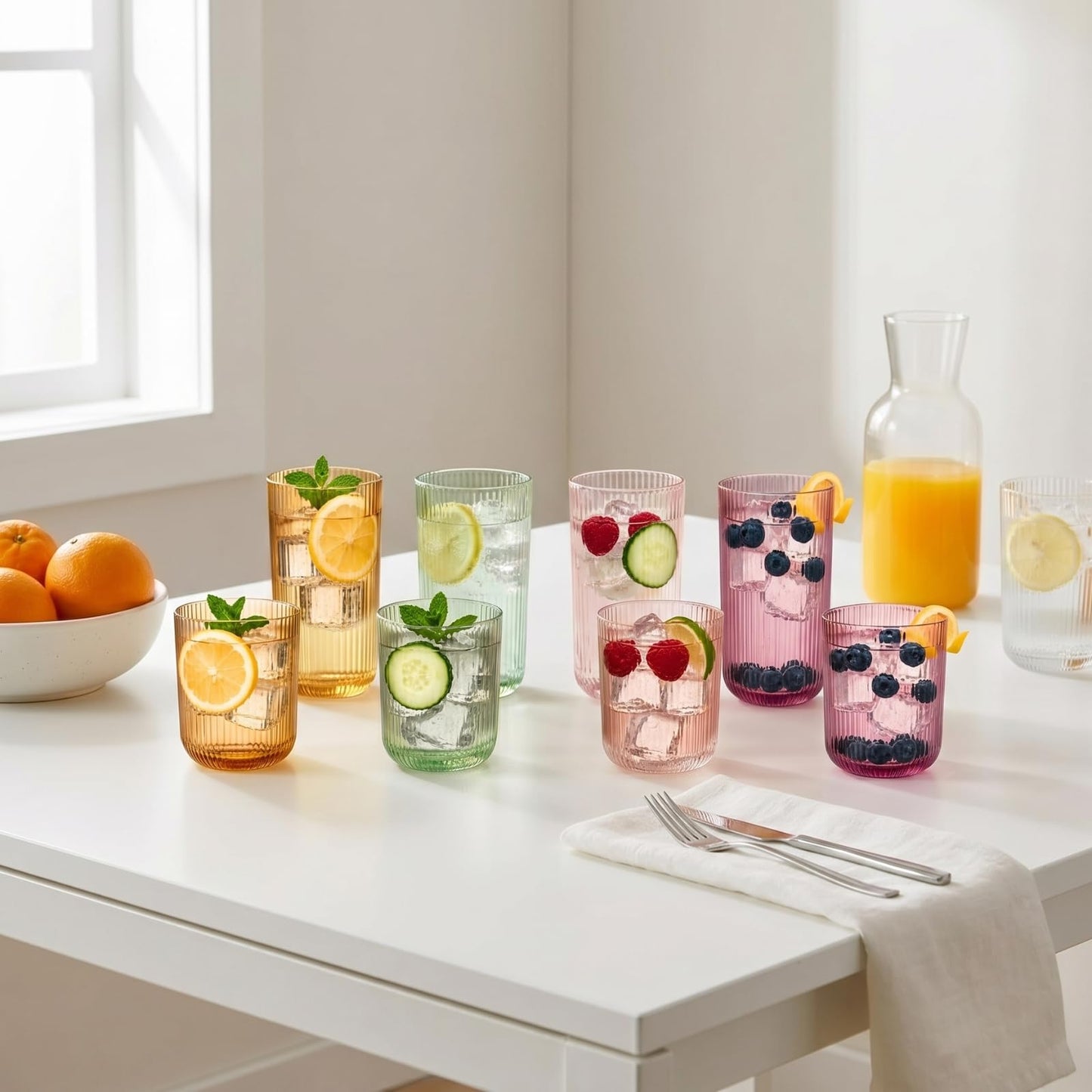 Collection of ribbed drinking glasses in amber, green, pink, and clear on tabletop