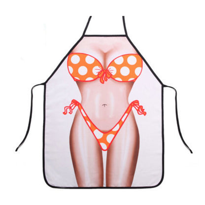 Novelty bikini apron with wide waist bib, orange polka-dot bikini graphic, black edge trim