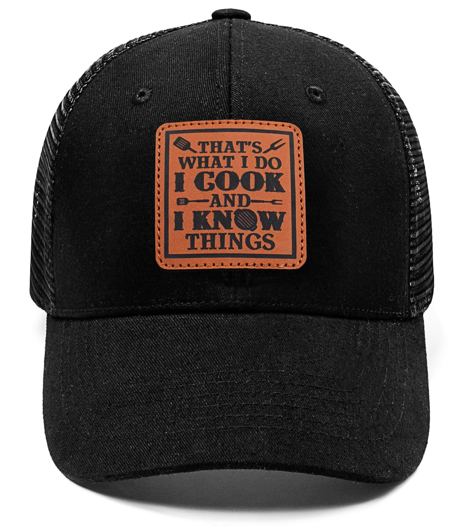Black trucker cap with front logo patch and distressed text design.