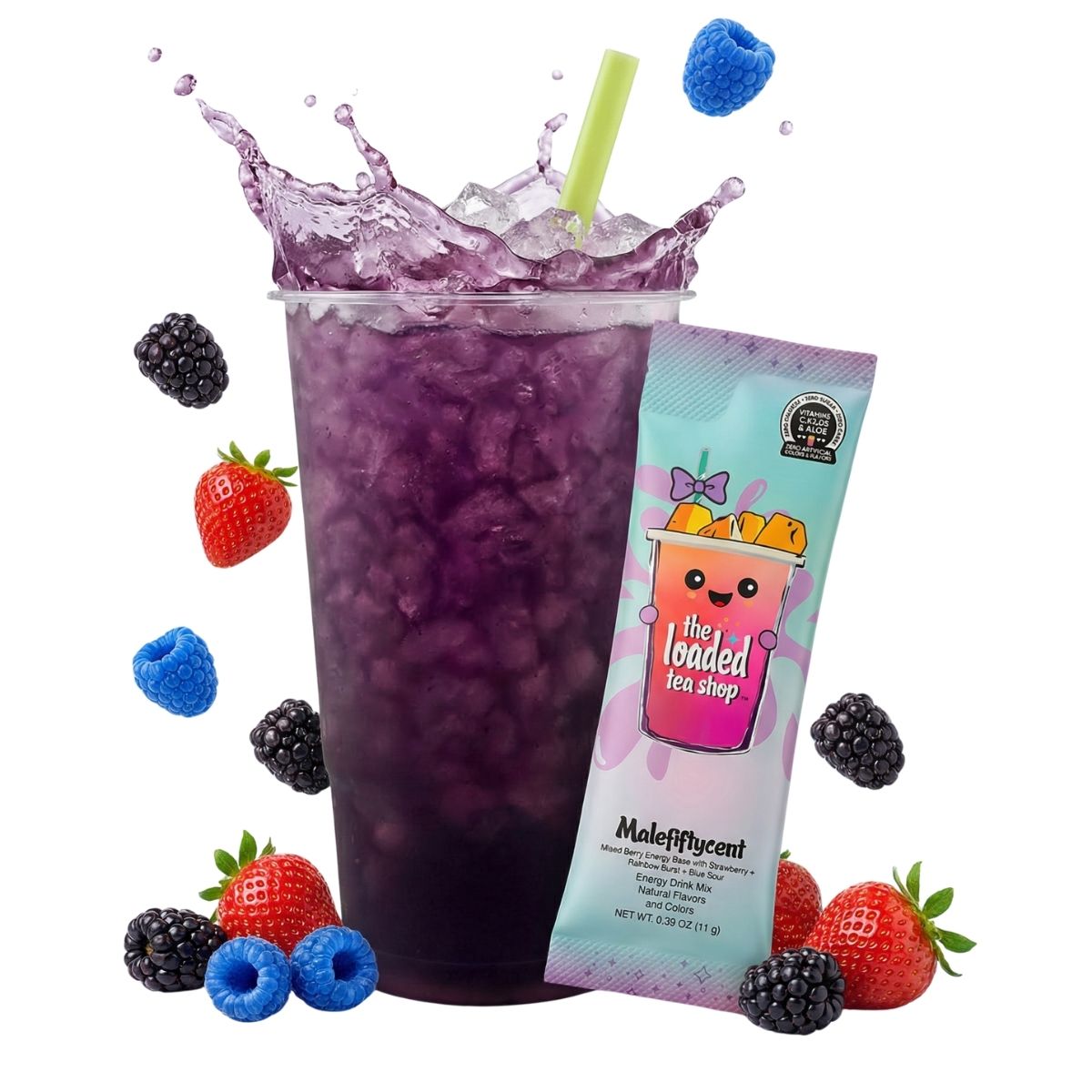 Purple loaded tea drink in clear cup with ice, berries, blue straw, and pouch