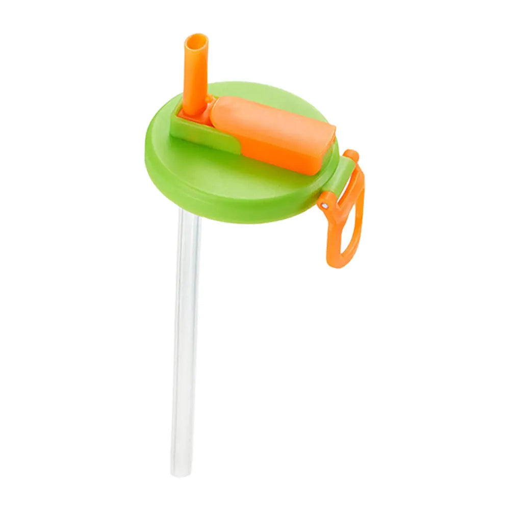 Reusable can cover with silicone straw, green round lid with orange top and clear straw