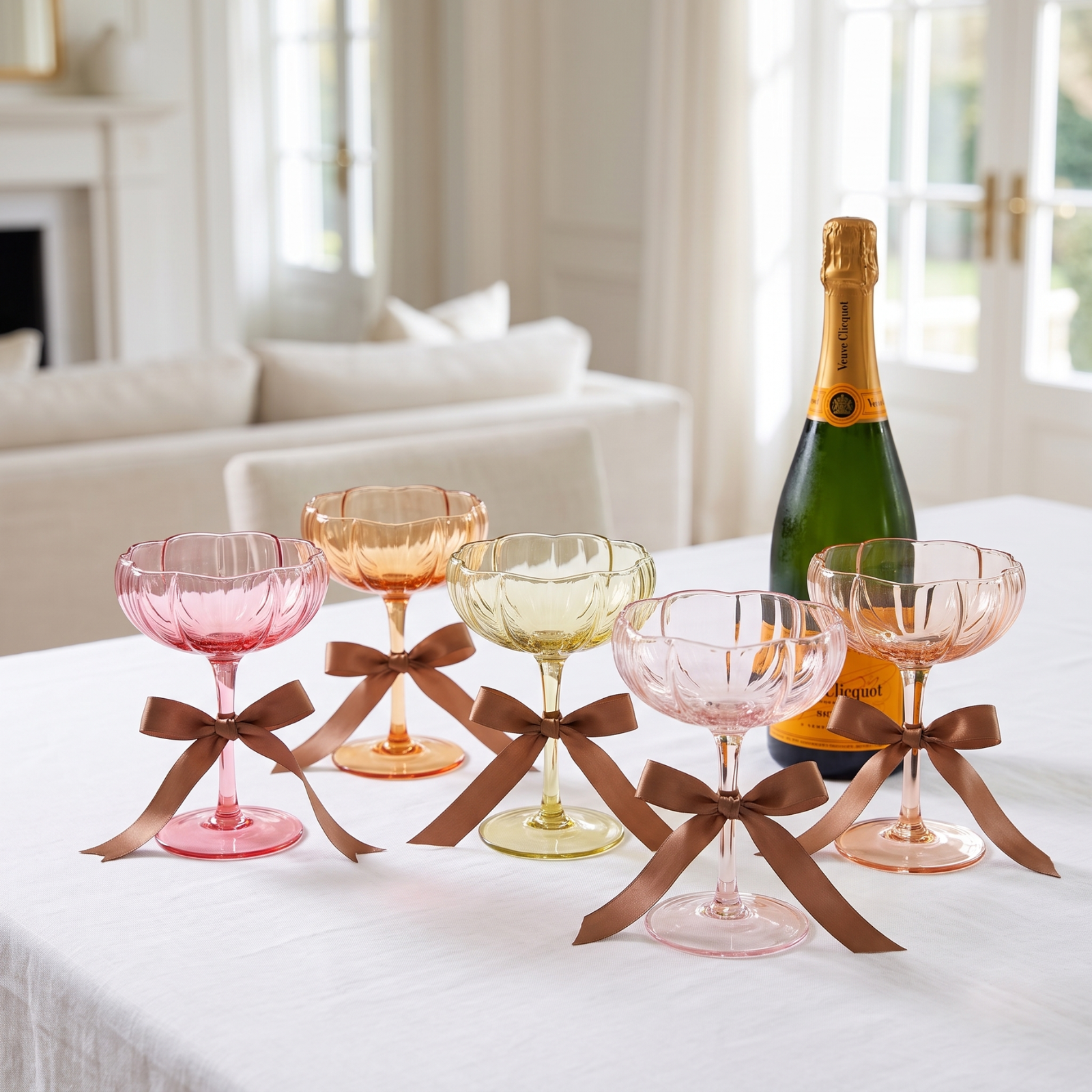 Set of flower coupe cocktail glasses with brown ribbon bows, pink, gold, and orange tones