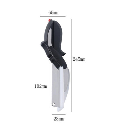 Kitchen scissors with built-in cutting board size diagram, 65mm width and 245mm length