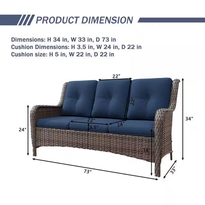 Wicker 3-seat sofa with dark blue cushions, shown with size measurement arrows