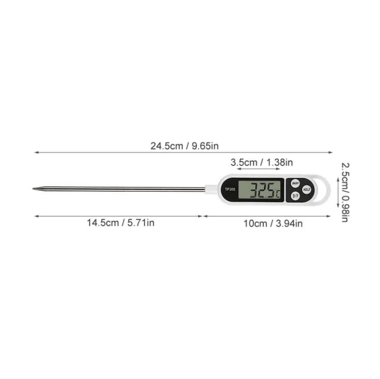 Digital BBQ thermometer with LCD screen, shown with length and width dimension marks