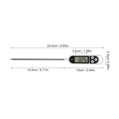 Digital BBQ thermometer with LCD screen, shown with length and width dimension marks