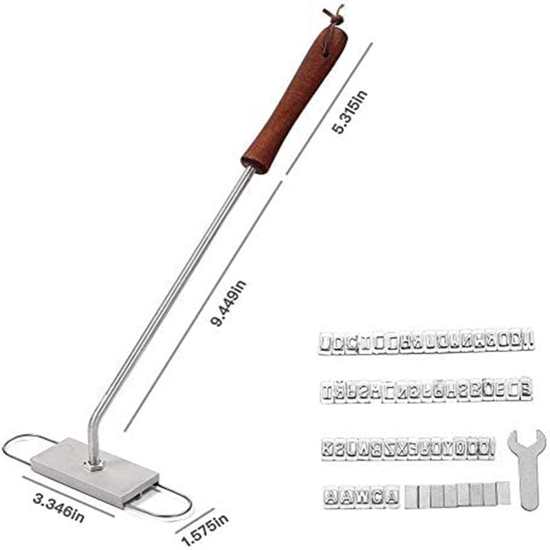 Steel branding iron with wooden handle and stamping base, plus metal letter stamps