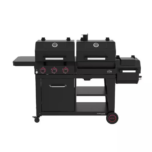 Oakford grill smoker combo in black with three-burner gas grill and offset charcoal smoker