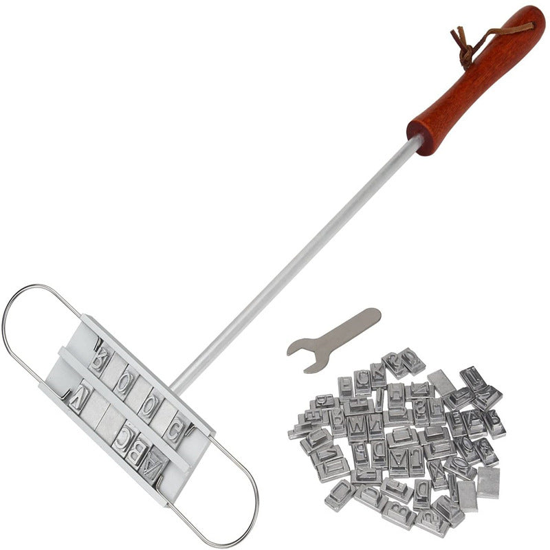 BBQ grill stamp kit with alphabet letter blocks, ring handle, and wooden grip