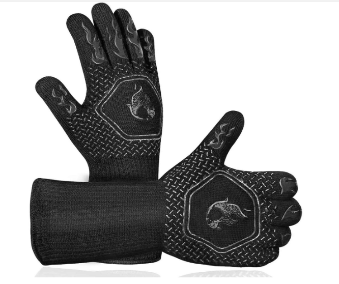 Black flame-emblem BBQ oven mitts with raised silicone dots on palm