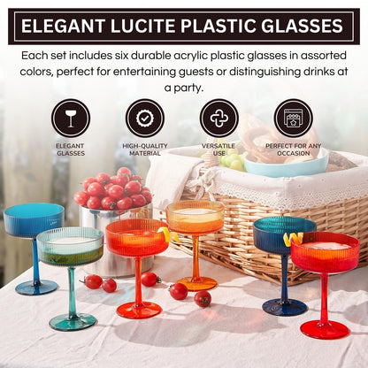 Shatterproof Acrylic Ribbed Vintage Art Deco Martini Set of 6