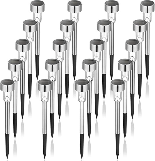 Stainless steel solar garden lights set of 20 with clear lamp covers and pointed stakes