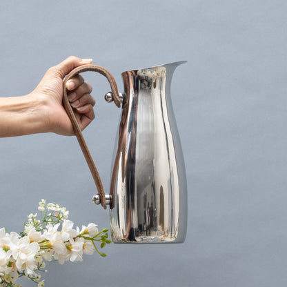 Silver Stainless Steel Water Pitcher, Leather Handle