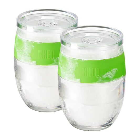 Set of 2 stemless acrylic wine glasses, green band, clear double-wall tumblers