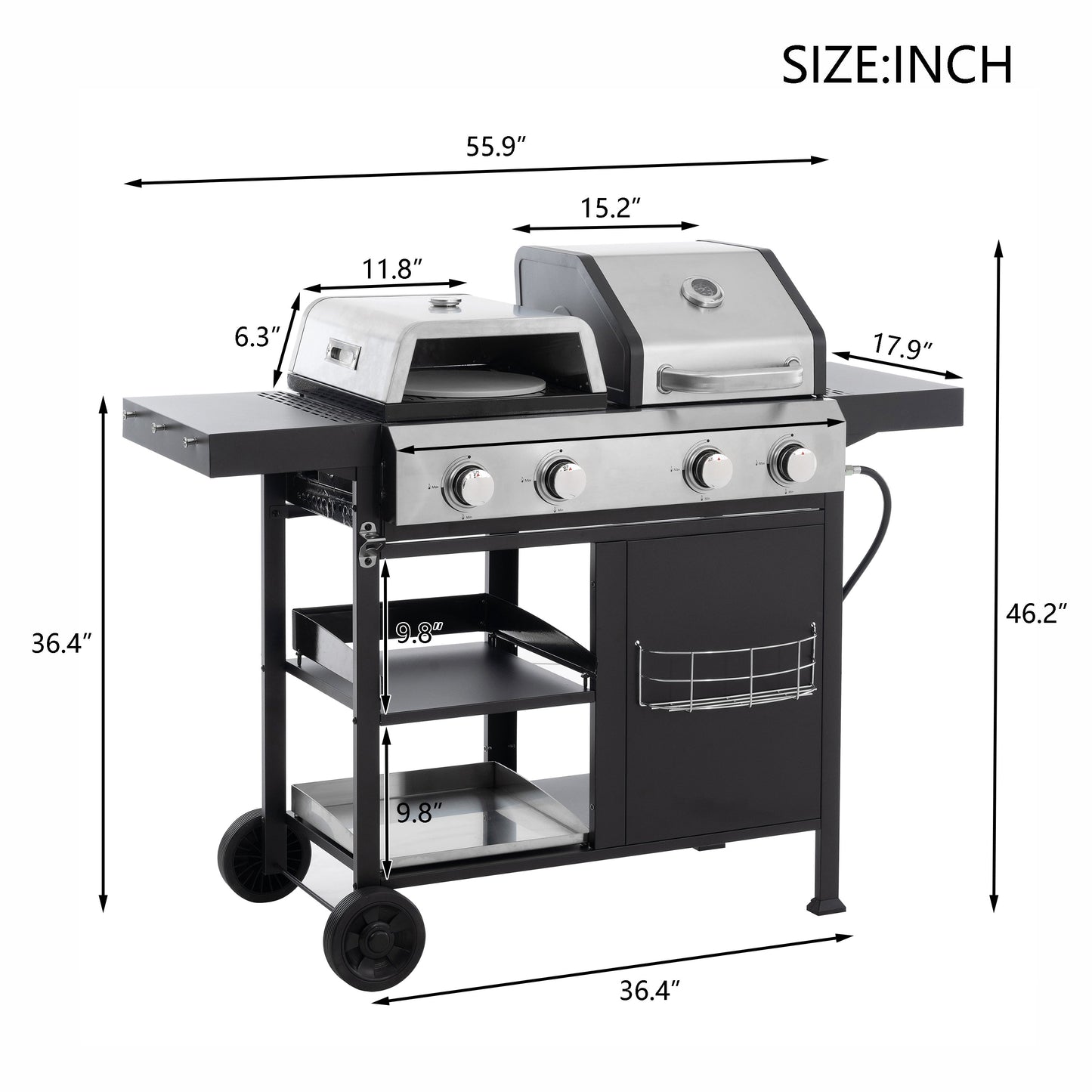 Gas grill and griddle combo with dimension diagram and four control knobs