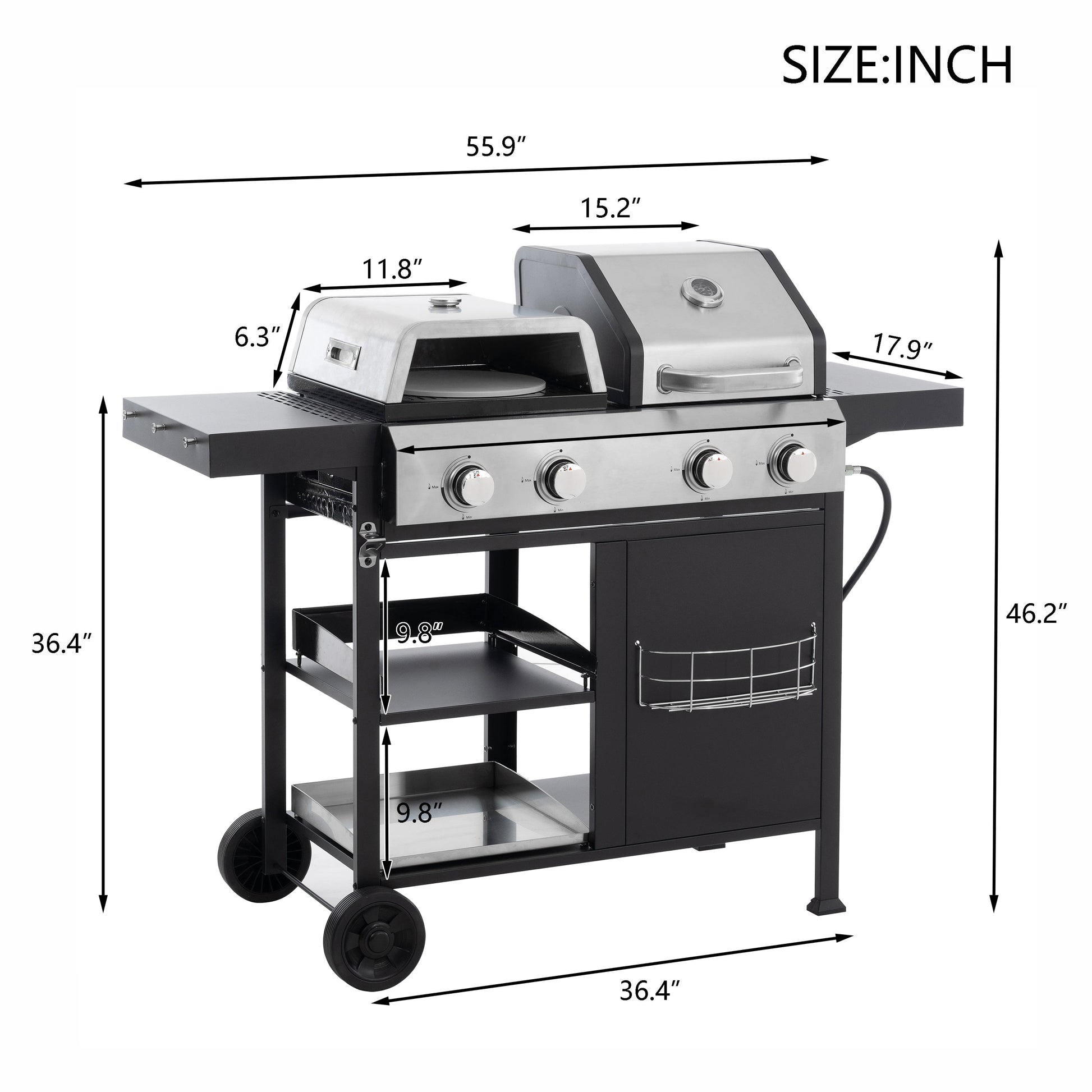 Gas grill and griddle combo with dimension diagram and four control knobs