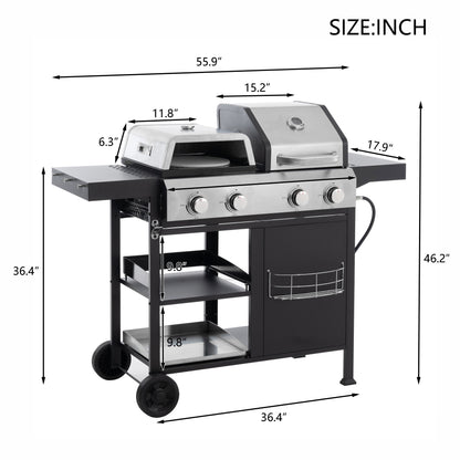 Gas grill and griddle combo with dimension diagram and four control knobs