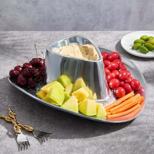 Silver cowboy hat chip and dip serving bowl with central dip cup and tray edge