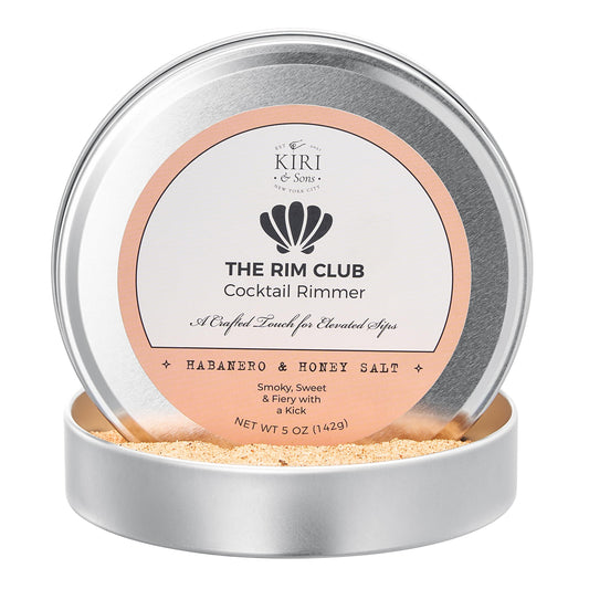 Cocktail rimmer salt tin with lid label and tan seasoning in metal base