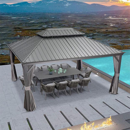 Hardtop gazebo with gray metal roof, open sides and hanging curtains over patio seating