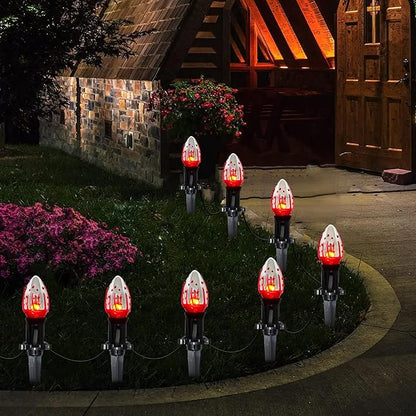 38Ft Outdoor Halloween Decorations Pathway Lights, C9 Flickering Flame Pathway String Lights with 25 Stakes Lights, Plug in Halloween Walkway Light Waterproof for Lawn Yard Sidewalk Garden