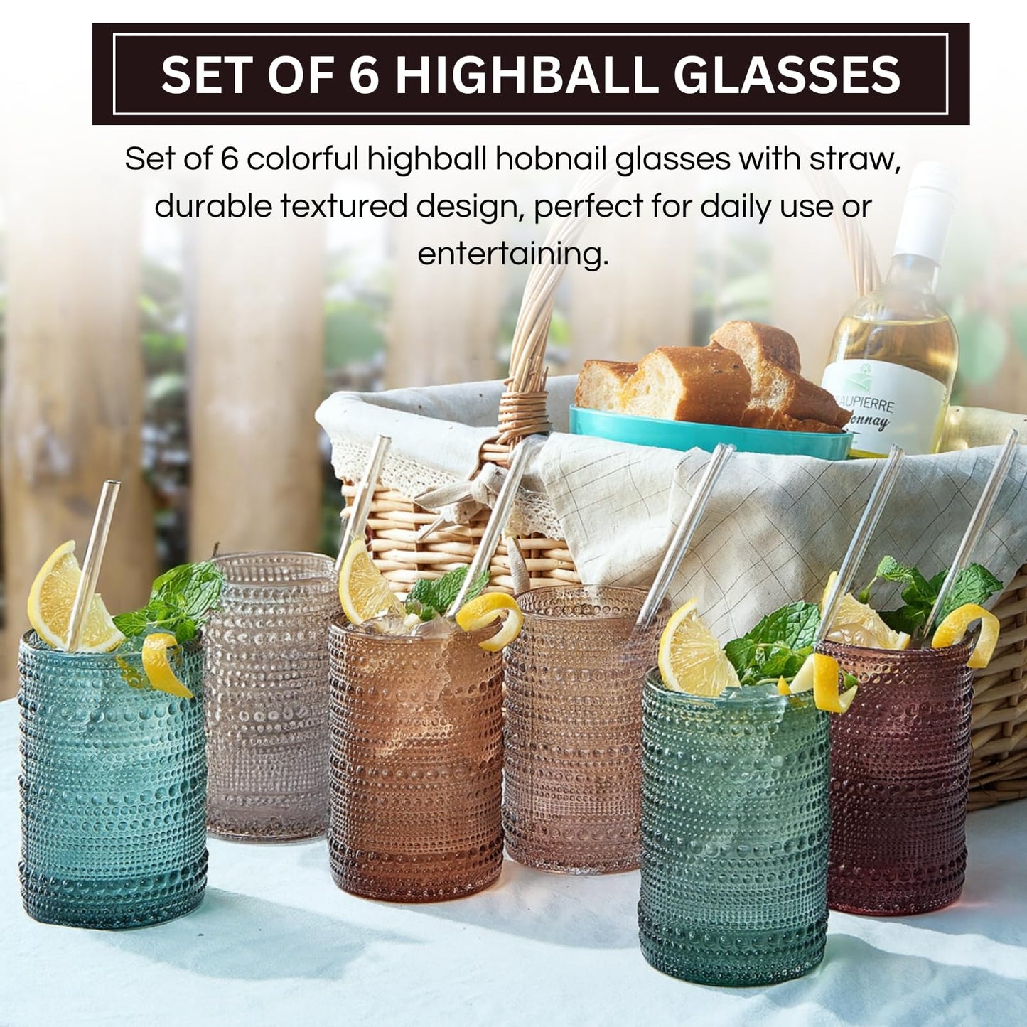 Khen Hobnail Drinking Glasses with Straws | Muted Colors | Set of 6