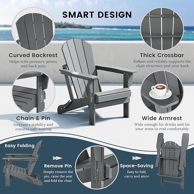 WO Home 8-Piece Folding Adirondack Chair Set – Weather-Resistant HDPE Patio Loungers, Gray