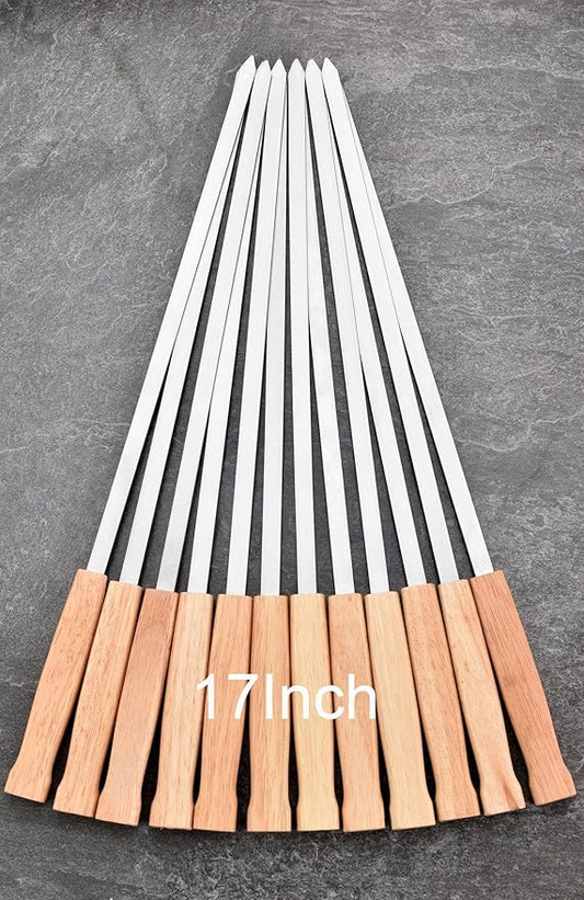 Set of 17-inch flat stainless steel BBQ skewers with light hardwood handles