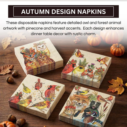 Khen Woodland Napkins, 100 Pack 4 Designs, 5" x 5" Folded Beige Square Disposable