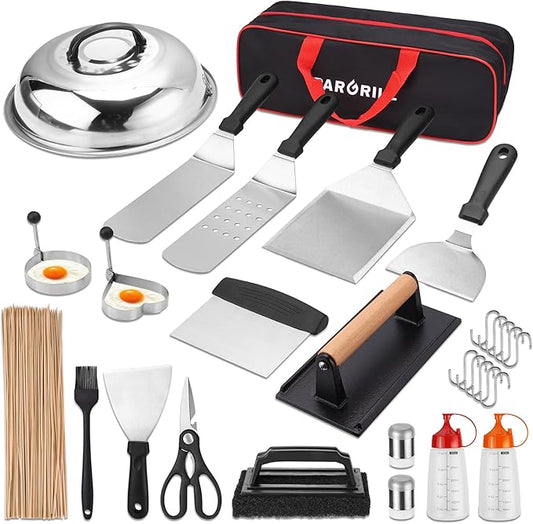 Outdoor griddle accessories kit with stainless tools, spatulas, bottles, and storage bag