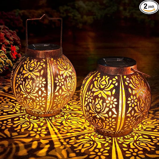 Solar hanging lantern pair with gold cutout globe and black top handle