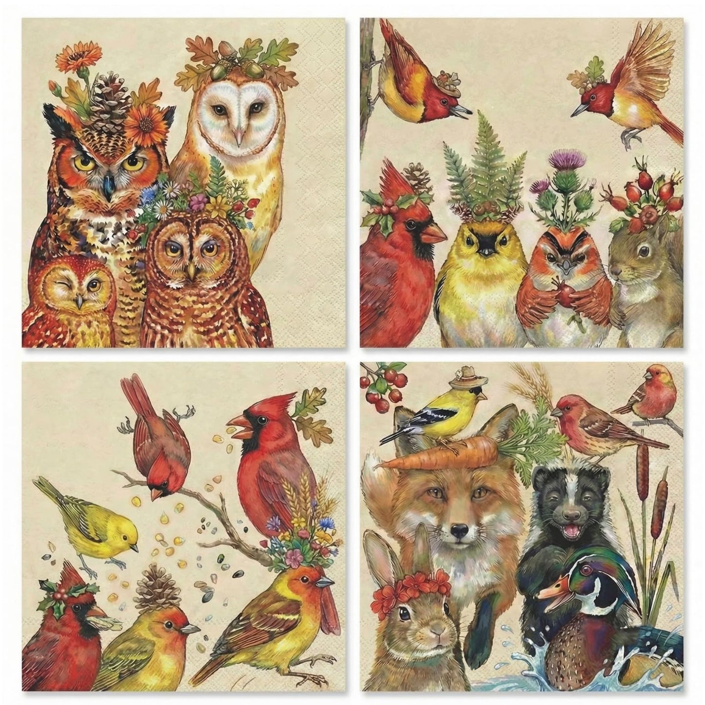 Khen Woodland Napkins, 100 Pack 4 Designs, 5" x 5" Folded Beige Square Disposable